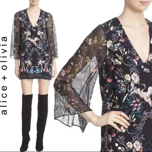 ALICE + OLIVIA Zia mythical garden kaftan crane bird floral print dress